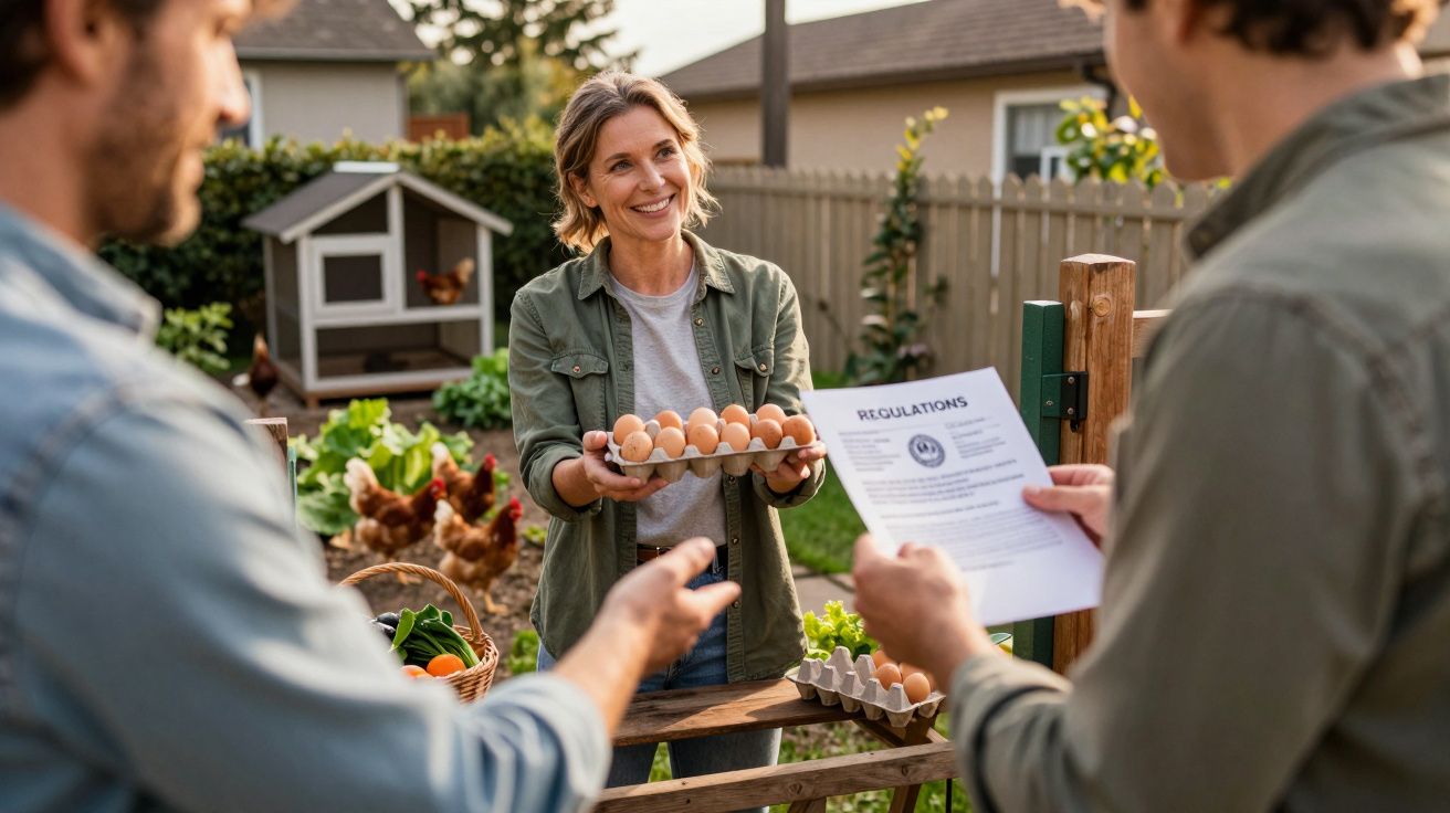 Mulher a vender ovos frescos num quintal a dois clientes que seguram um papel de regulamentos.