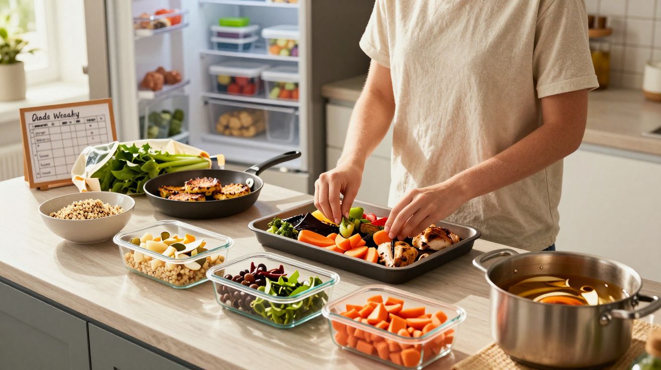 Pessoa a preparar refeição saudável com legumes, grãos e panela com infusão de frutas na cozinha moderna.