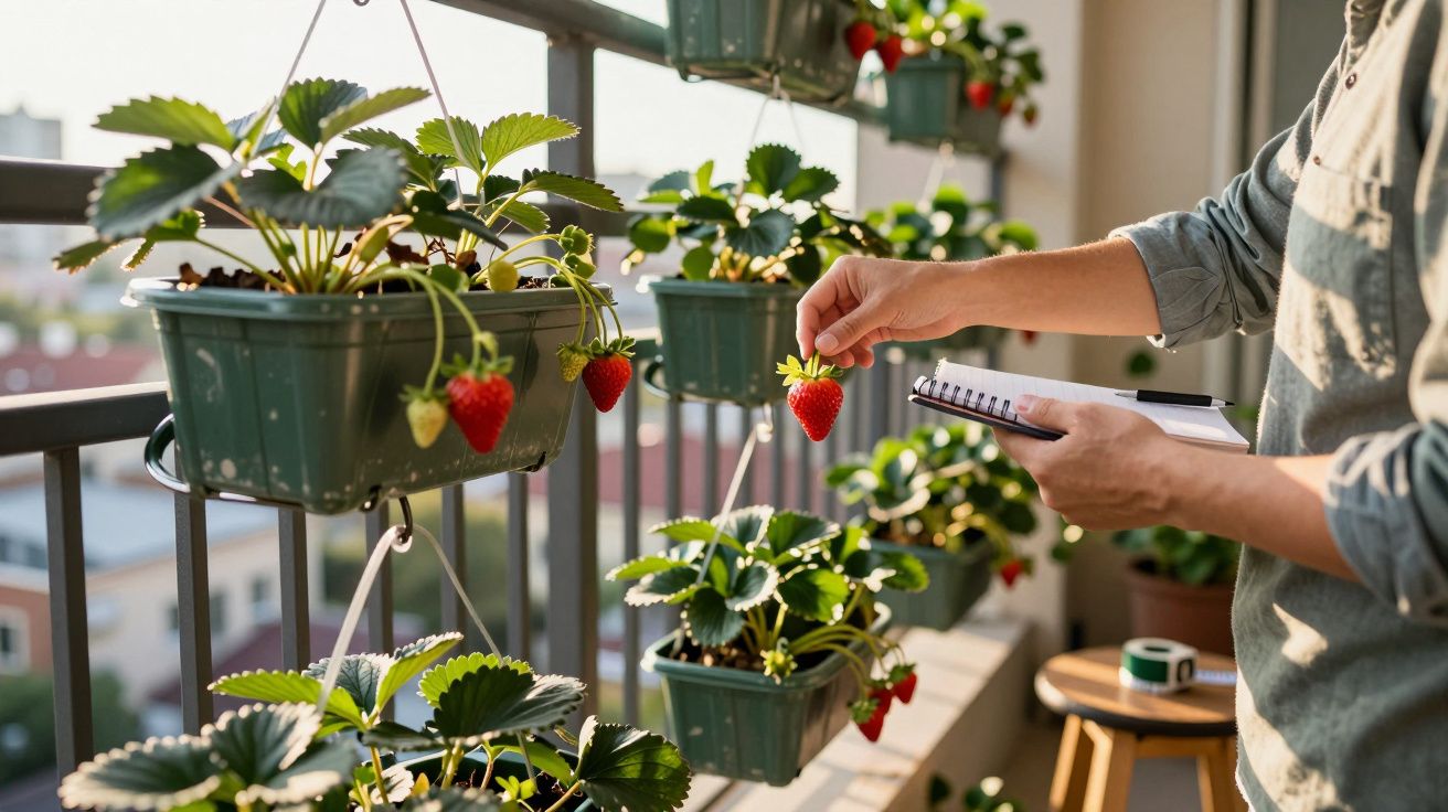 Pessoa colhendo morango em vasos pendurados numa varanda ensolarada, segurando caderno e caneta.