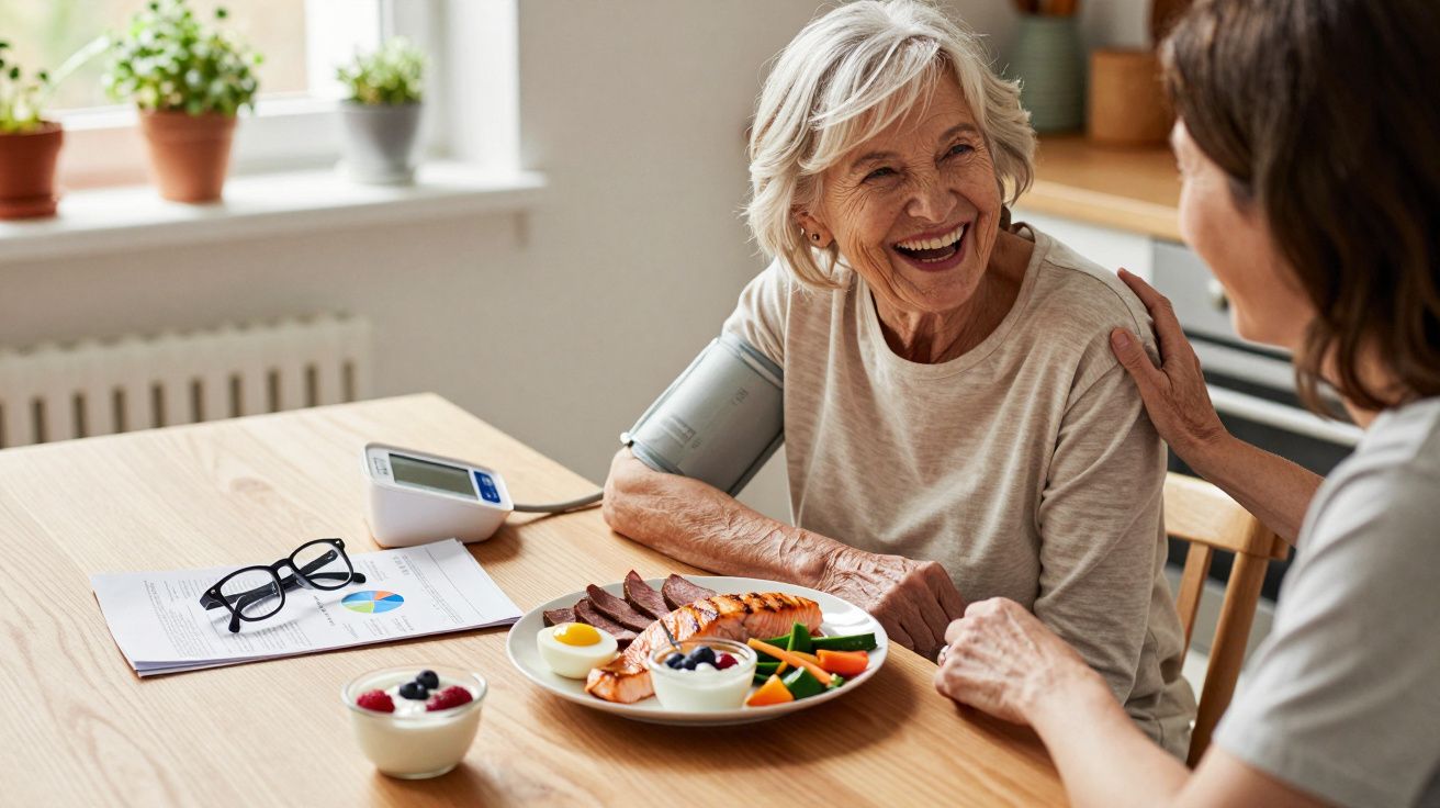 Idosa sorridente com medidor de pressão no braço, a conversar com outra pessoa junto a uma mesa com comida saudável.