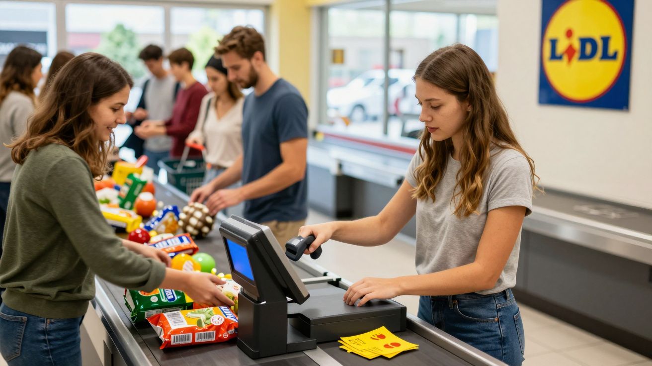 Funcionária a passar produtos no caixa de supermercado Lidl enquanto clientes aguardam filas.