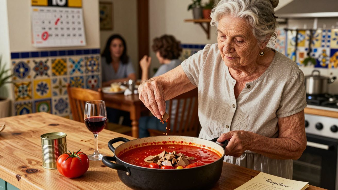 Idosa a temperar sopa em caçarola numa cozinha tradicional com azulejos portugueses coloridos.