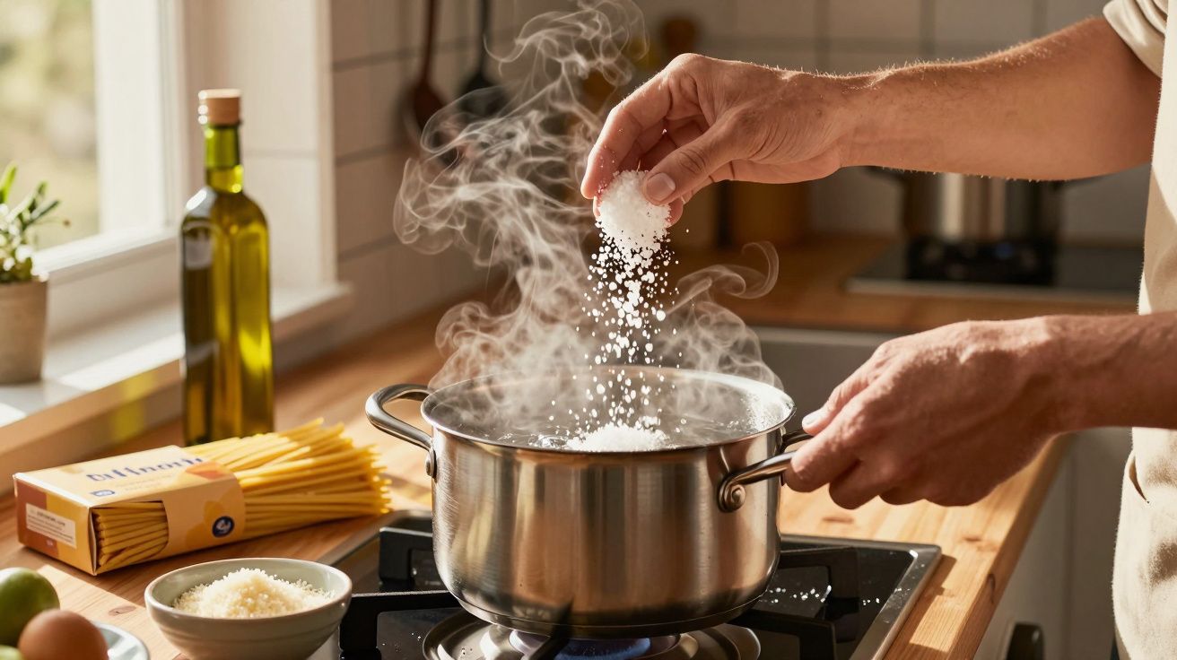 Pessoa a temperar água com sal numa panela de aço inox sobre o fogão na cozinha.