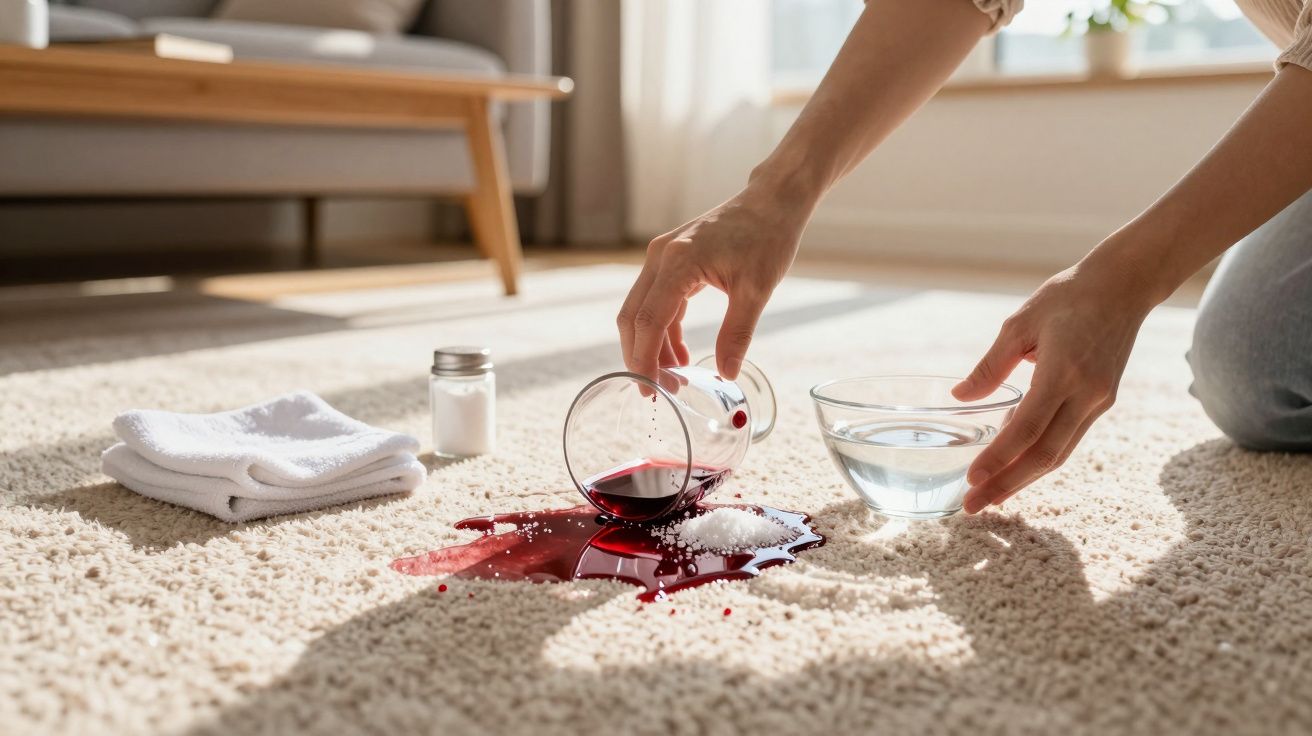 Pessoa a verter sal sobre um derrame de vinho tinto num tapete claro para limpar.