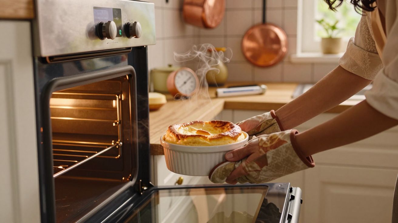 Pessoa a retirar do forno uma tarte quente, com luvas de forno, numa cozinha acolhedora e bem iluminada.