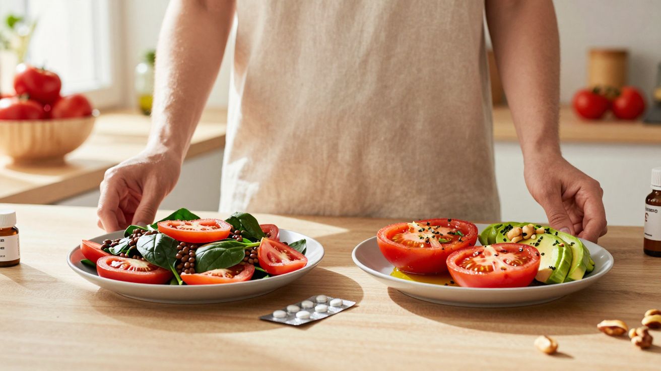 Pessoa com avental prepara duas tigelas com salada fresca, tomate, espinafres e abacate numa bancada de cozinha.
