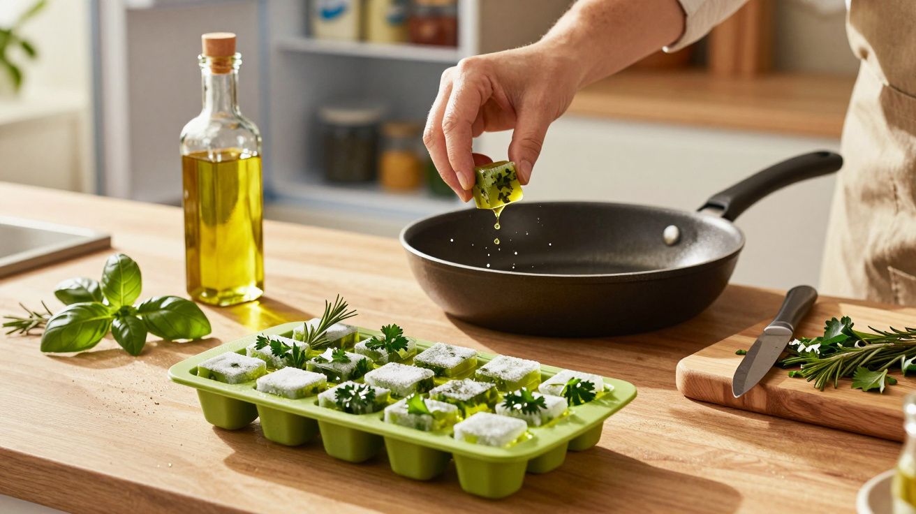Mão segurando cubo de ervas congeladas a ser colocado numa frigideira, com azeite e ervas frescas na bancada.