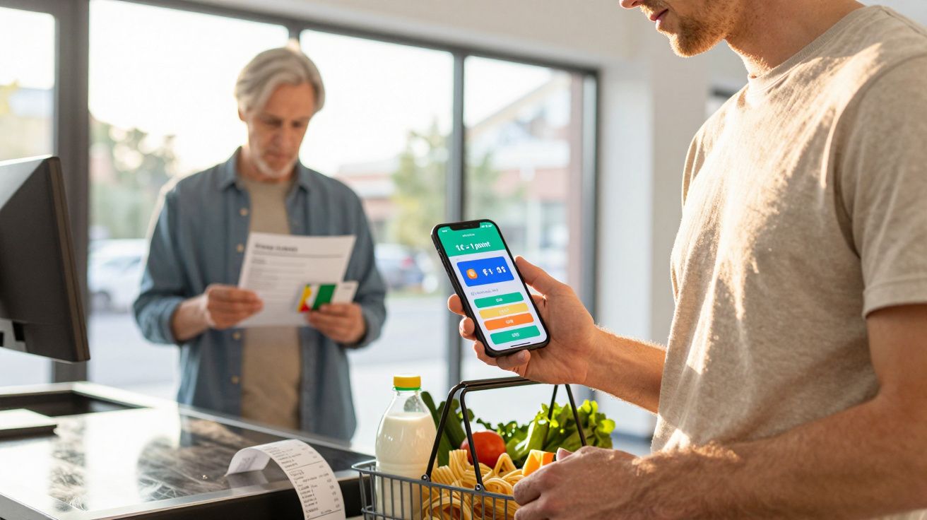 Homem a usar telemóvel para pagar compras de supermercado enquanto outra pessoa lê documento na caixa.