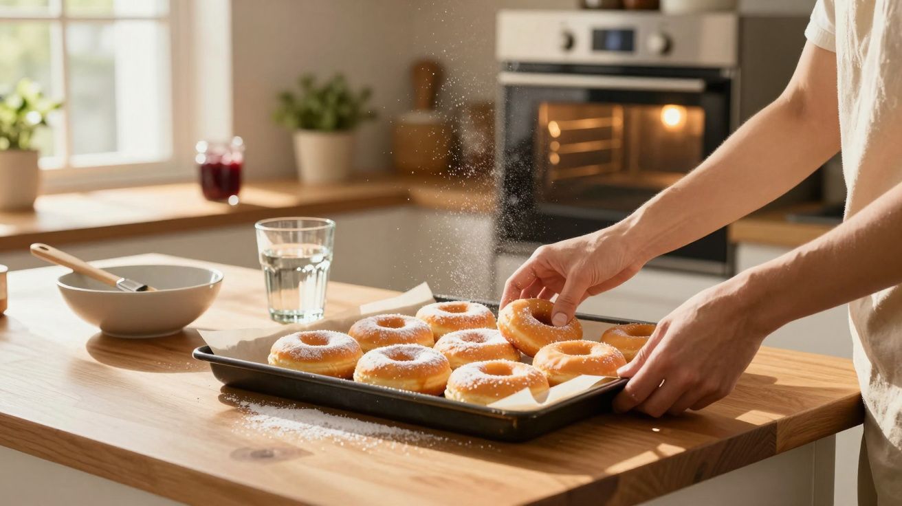 Pessoa polvilha açúcar em donuts recém-feitos sobre tabuleiro numa cozinha moderna iluminada.
