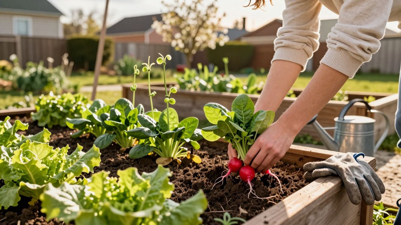 Pessoa a colher rabanetes num canteiro elevado sob luz solar numa horta doméstica.