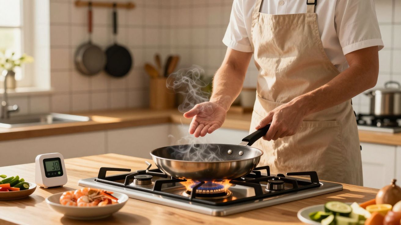 Pessoa a preparar uma frigideira quente num fogão a gás numa cozinha com alimentos à volta.