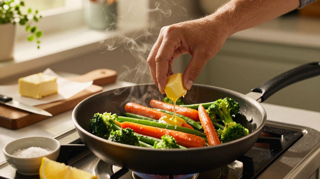 Pessoa a deitar manteiga em legumes frescos a cozinhar numa frigideira ao lume.