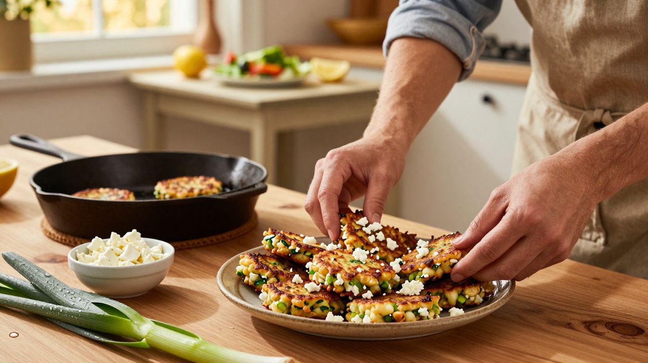 Pessoa a colocar bolinhos de milho grelhados num prato, ao lado de cebolinho e queijo fresco.