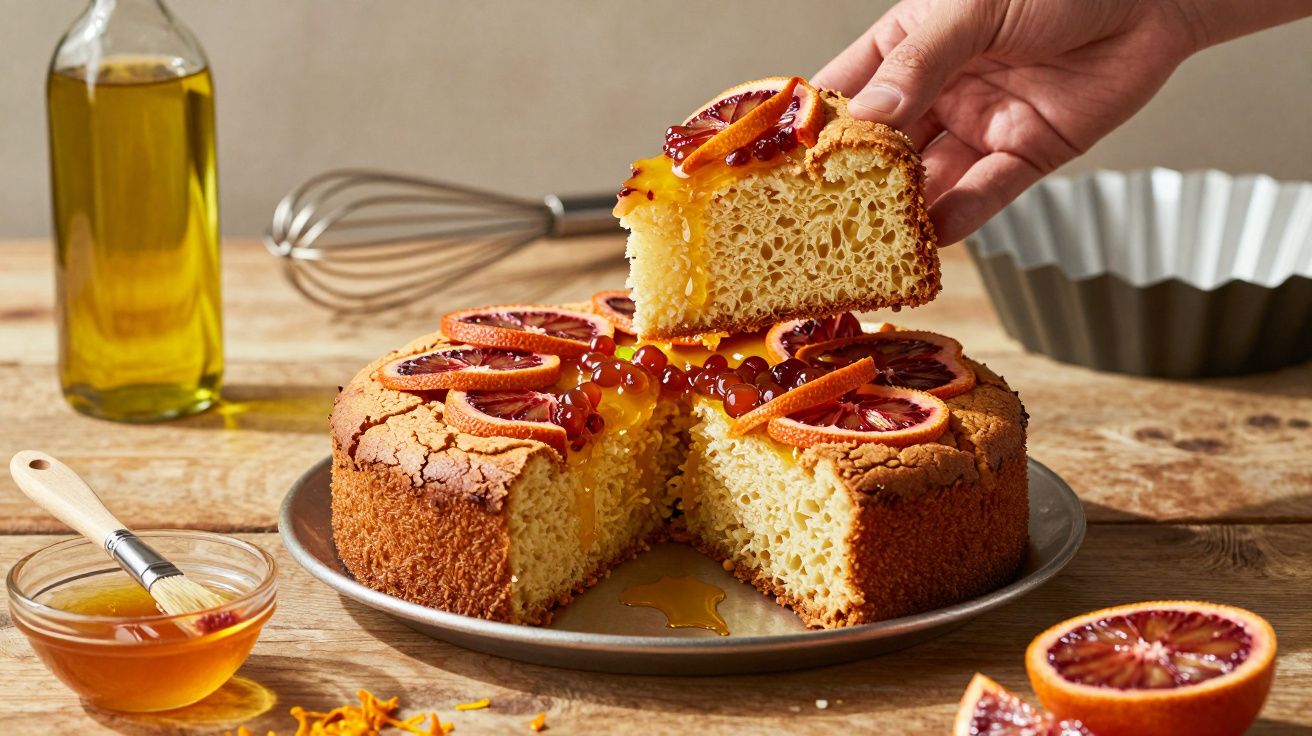 Bolo fofo decorado com fatias de laranja sanguínea e gotas de mel numa mesa de madeira rústica.