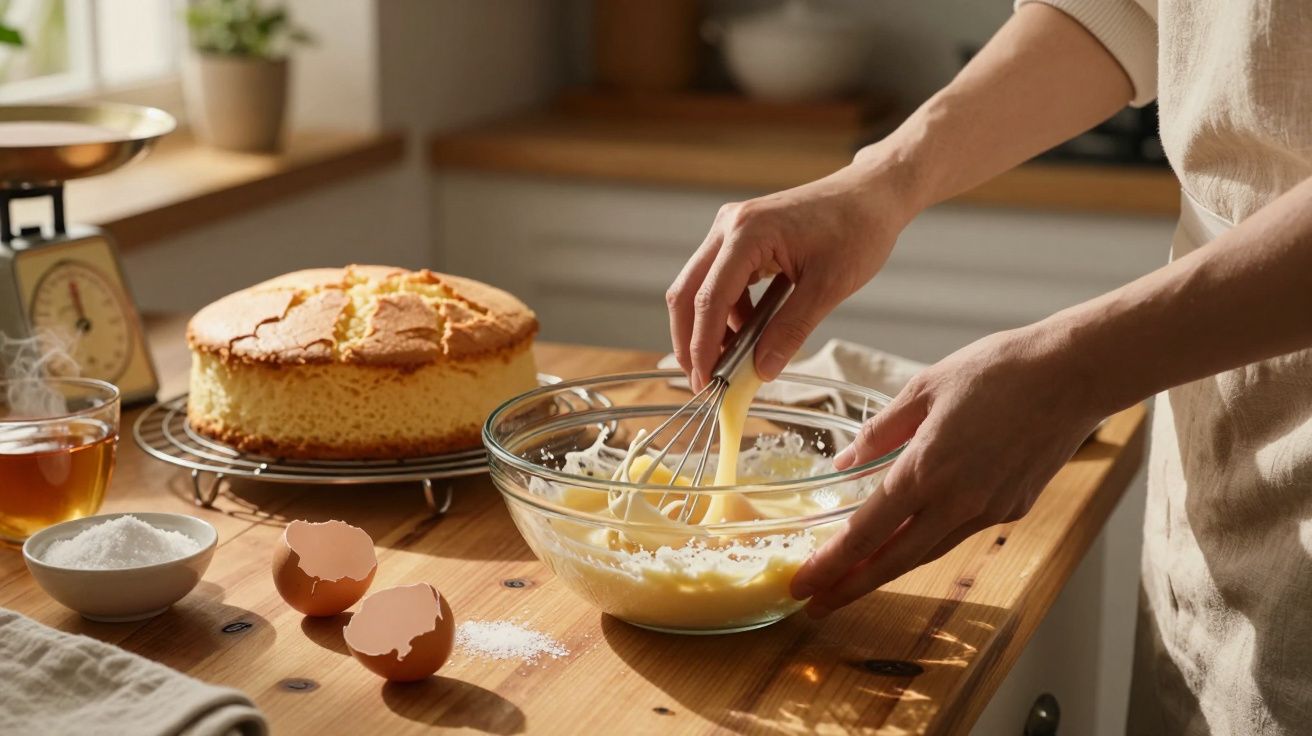 Pessoa a mexer mistura numa taça de vidro com bolo e ingredientes numa bancada de cozinha.