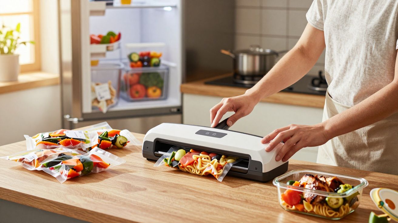 Pessoa a embalar legumes e massa num selador a vácuo na cozinha, com vegetais frescos ao lado.