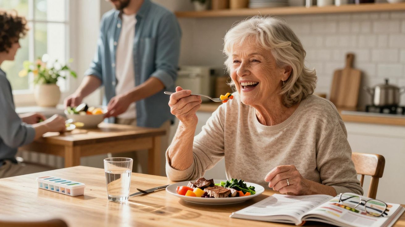 Mulher idosa sorridente a comer uma refeição saudável sentada à mesa da cozinha com um copo de água e livro aberto.