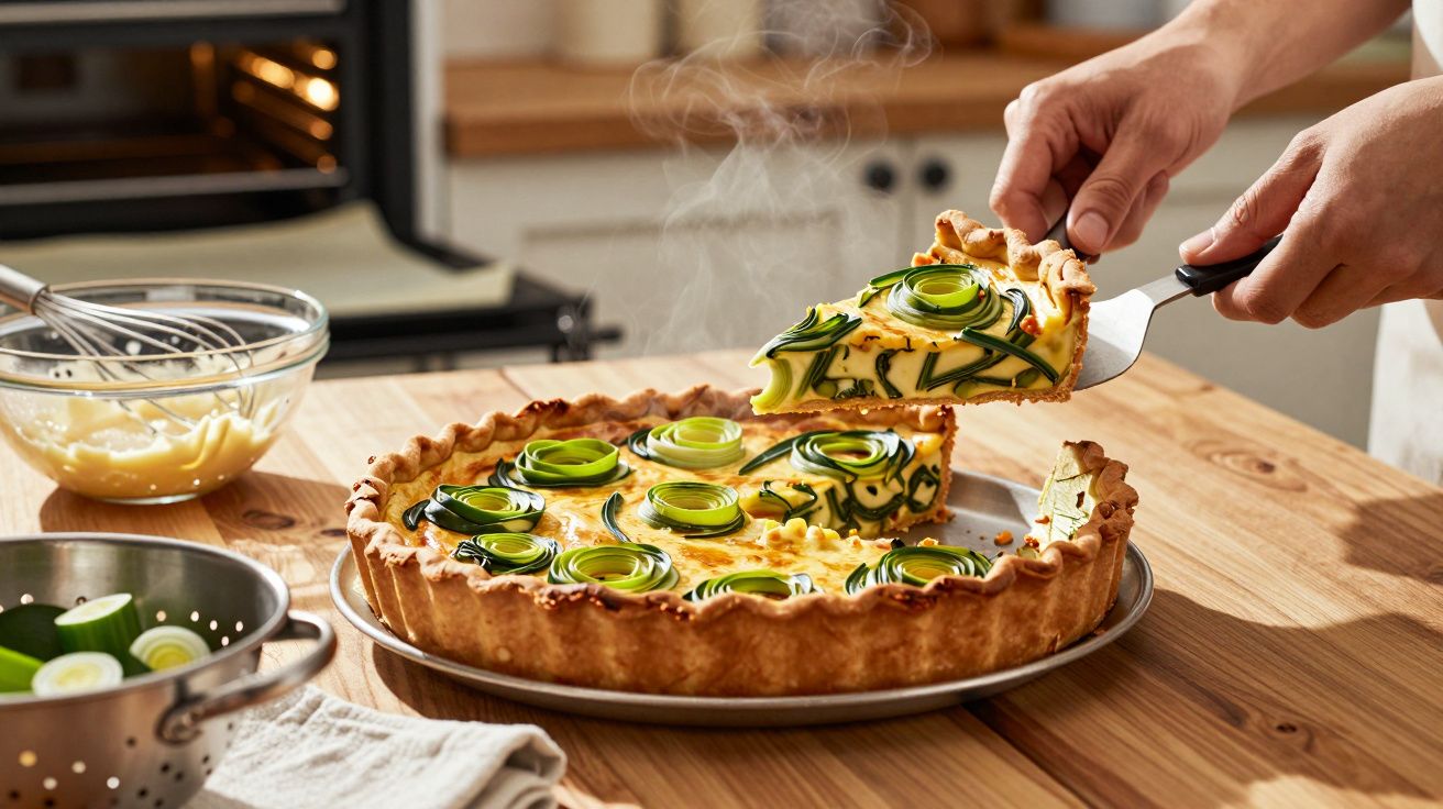 Tarte de legumes com rodelas verdes decorativas a ser servida numa cozinha.