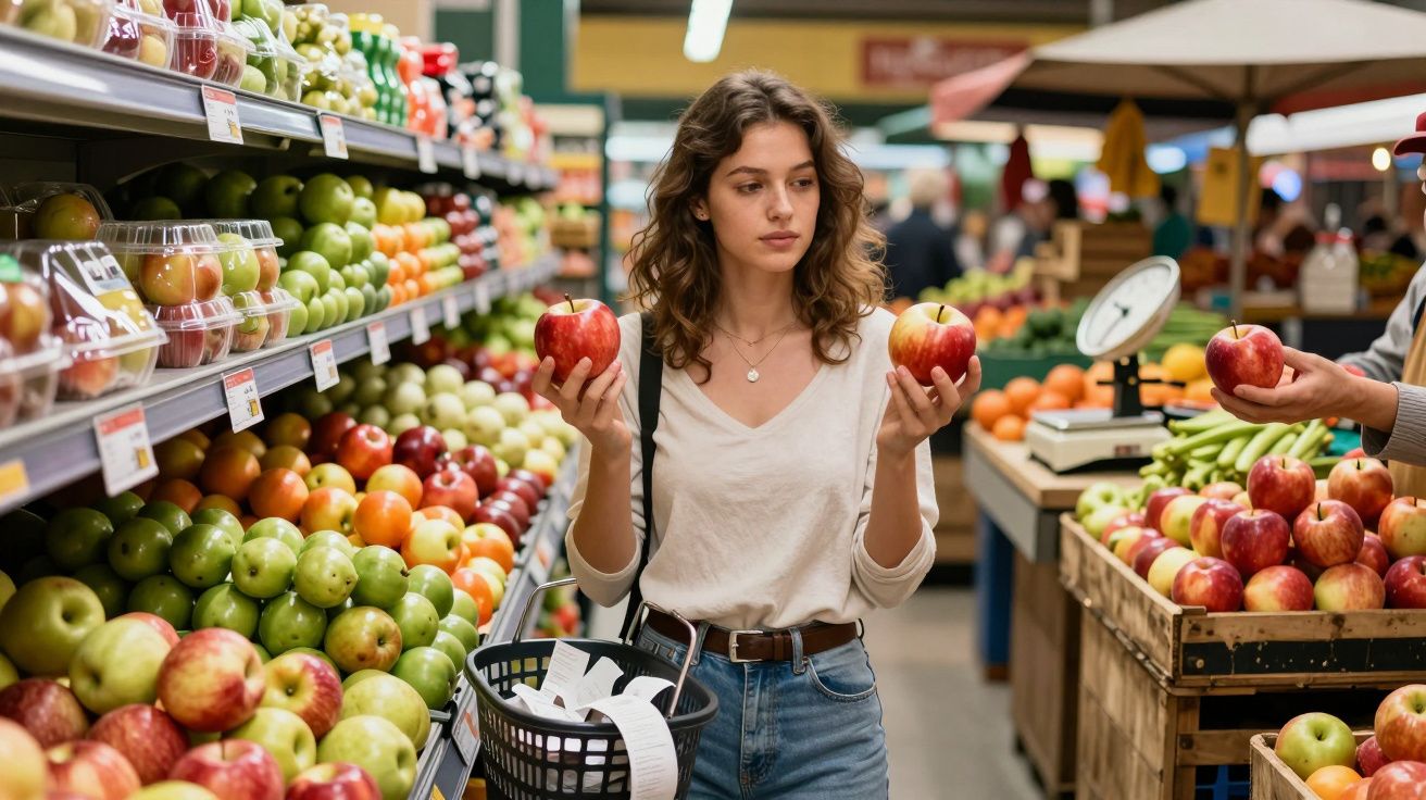 Mulher jovem a escolher entre duas maçãs vermelhas numa secção de frutas num supermercado.