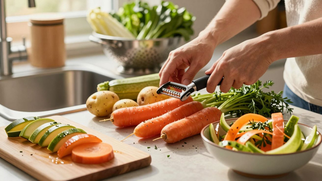 Pessoa a descascar cenouras num balcão de cozinha com legumes frescos e uma tigela com salada colorida.