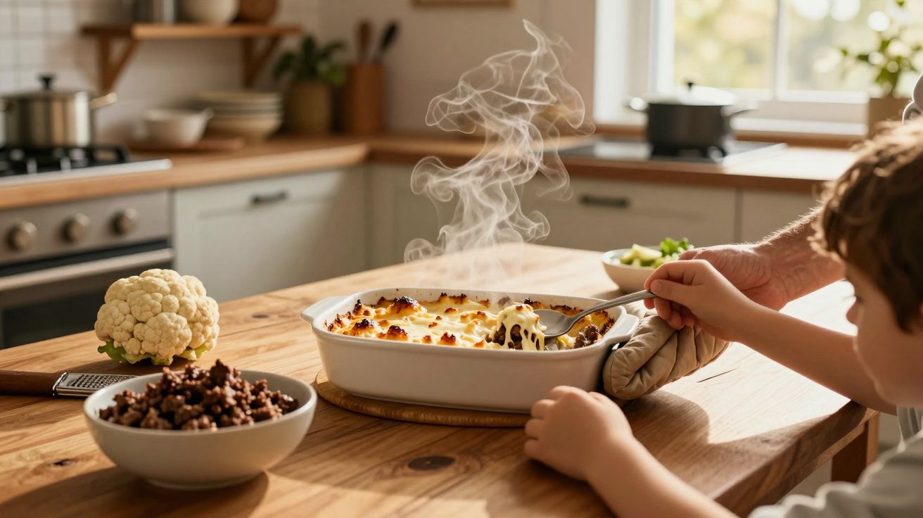 Criança e adulto a servir lasanha fumegante numa cozinha moderna, com couve-flor e carne no balcão.