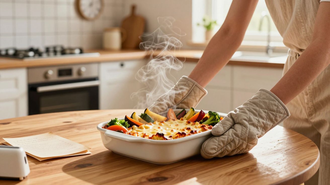 Pessoa a tirar tabuleiro de comida quente do forno, com Luvas de forno num cozinha clara e moderna.