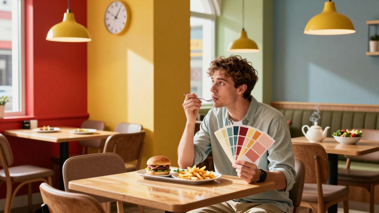 Homem sentado num restaurante a provar comida enquanto segura amostras de cores.
