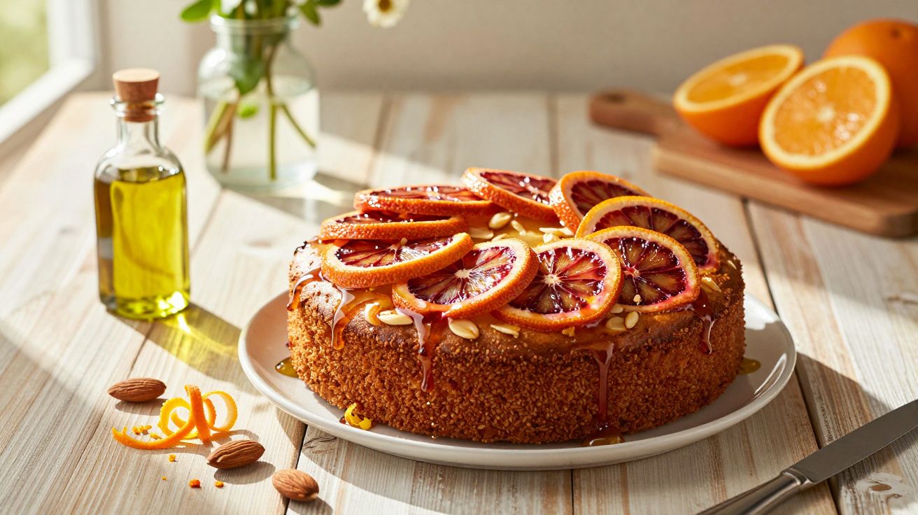 Bolo decorado com fatias de laranja e pinhões, rodeado de amêndoas, azeite e laranjas na mesa de madeira.