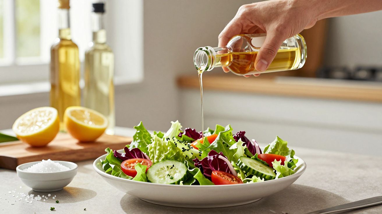 Mão a deitar azeite numa salada fresca com alface, tomate e pepino numa cozinha iluminada naturalment.