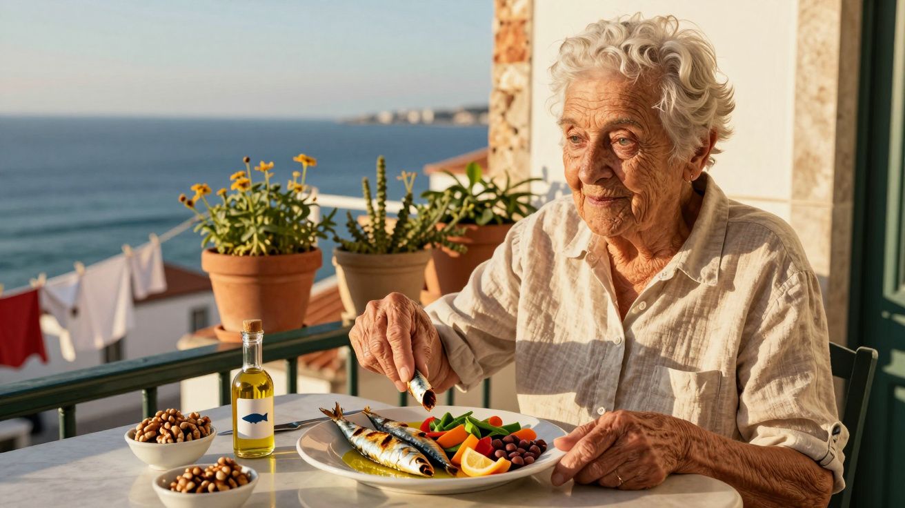 Idosa sorridente tempera prato com peixe e legumes numa varanda com vista para o mar ao entardecer.