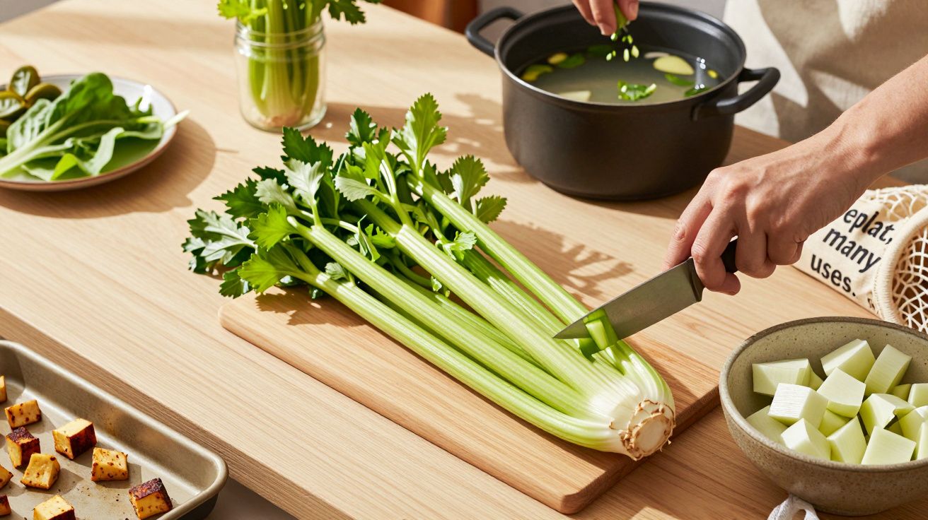 Pessoa a cortar aipo fresco em tábua de madeira com vários legumes e panela numa bancada de cozinha.