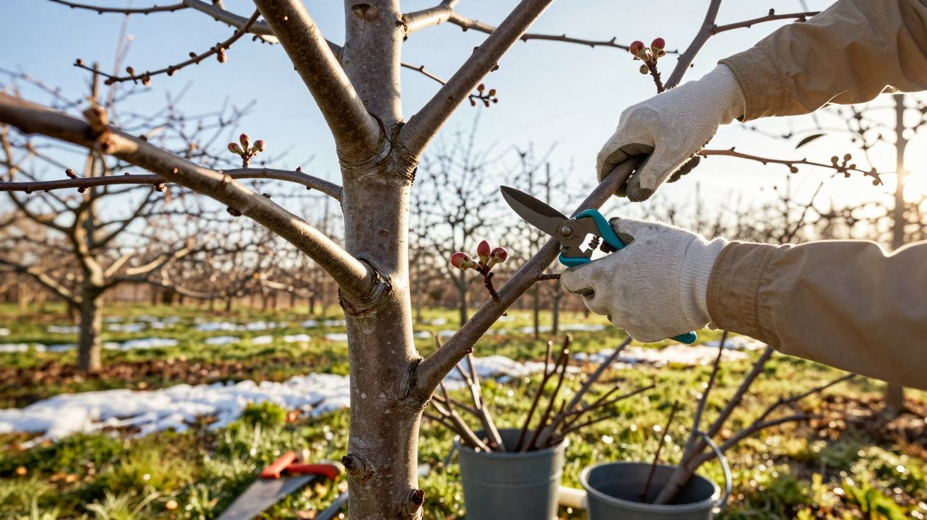 Pessoa a podar ramo de árvore numa plantação durante o dia, com luvas e tesoura de poda.
