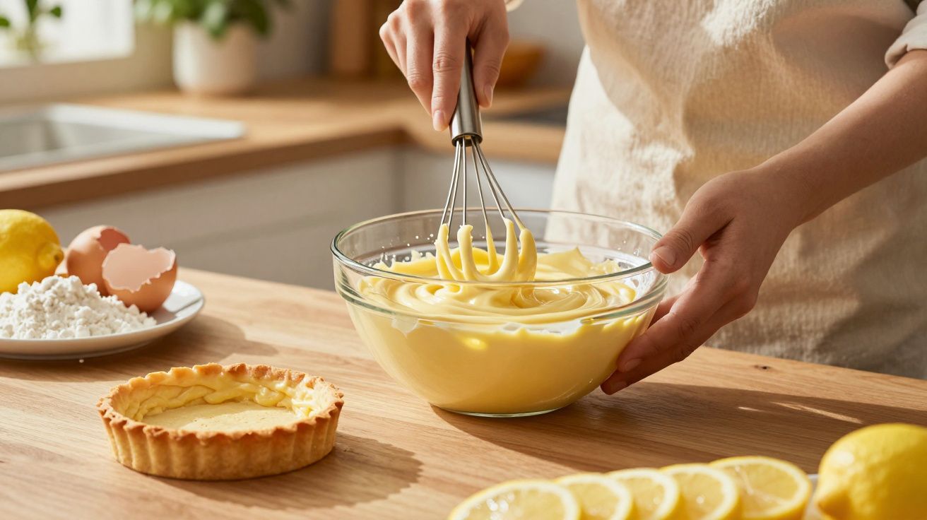 Pessoa a misturar creme amarelo numa taça de vidro, com massa de tarte e limões fatiados na bancada de cozinha.