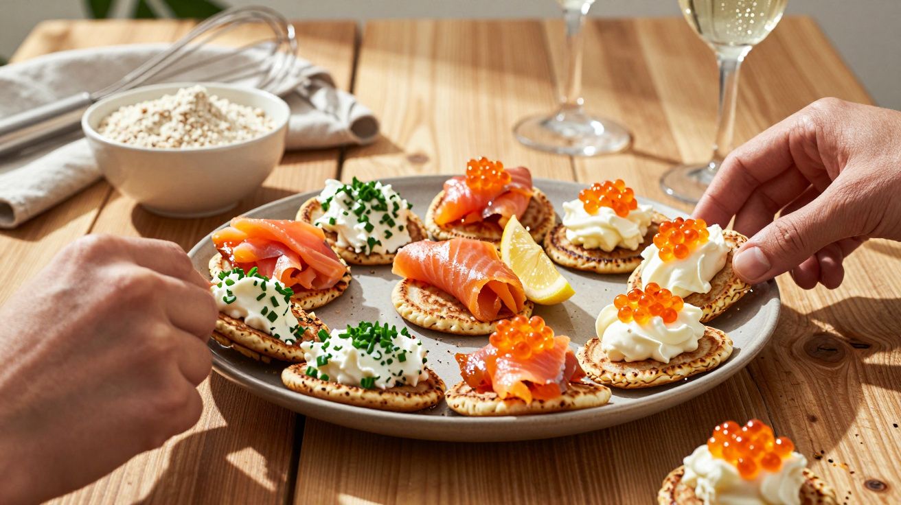 Prato com blinis cobertos com queijo, salmão fumado, ovas e salsa, e mãos a pegarem petiscos.