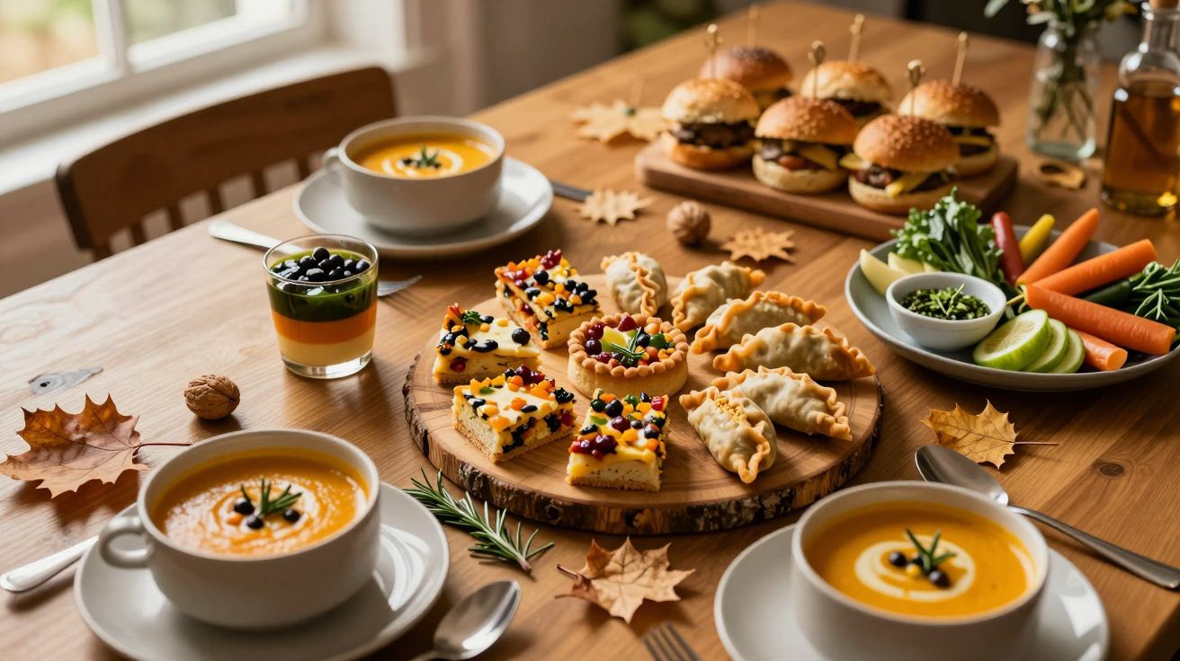 Mesa de madeira com três tigelas de sopa, mini hambúrgueres, petiscos e legumes frescos decorados para outono.