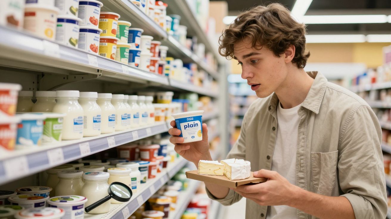 Jovem no supermercado segurando iogurte e tábua com queijos, a observar o rótulo dos produtos.
