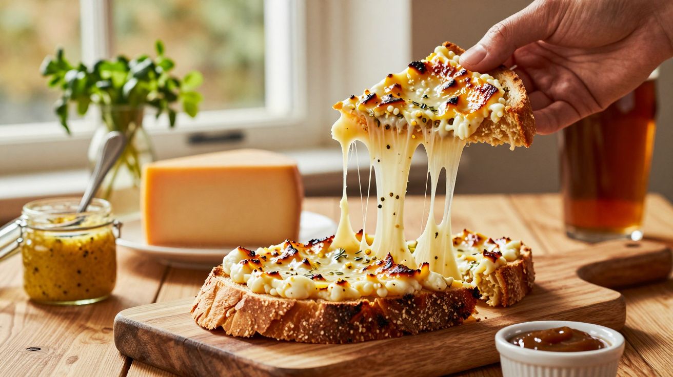 Torrada com queijo derretido a ser levantada, com mostarda e queijo à mesa em madeira.