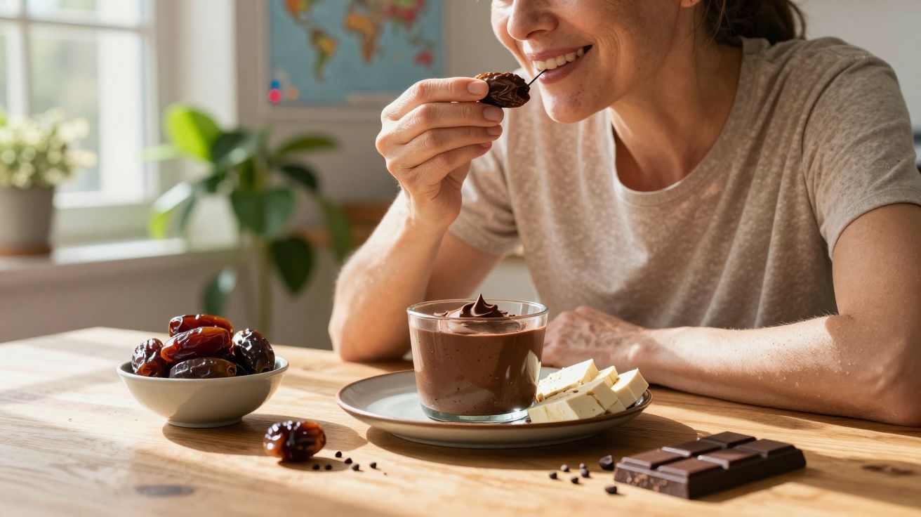 Pessoa a saborear doce de chocolate com tâmaras e chocolate numa mesa de madeira iluminada pela luz natural.