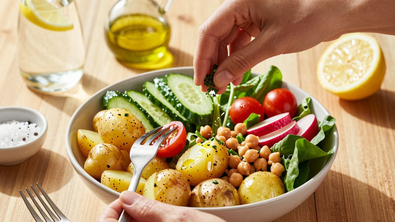Salada saudável com batatas, pepino, tomate cherry, grão-de-bico, rabanete e folhas verdes temperada com ervas.