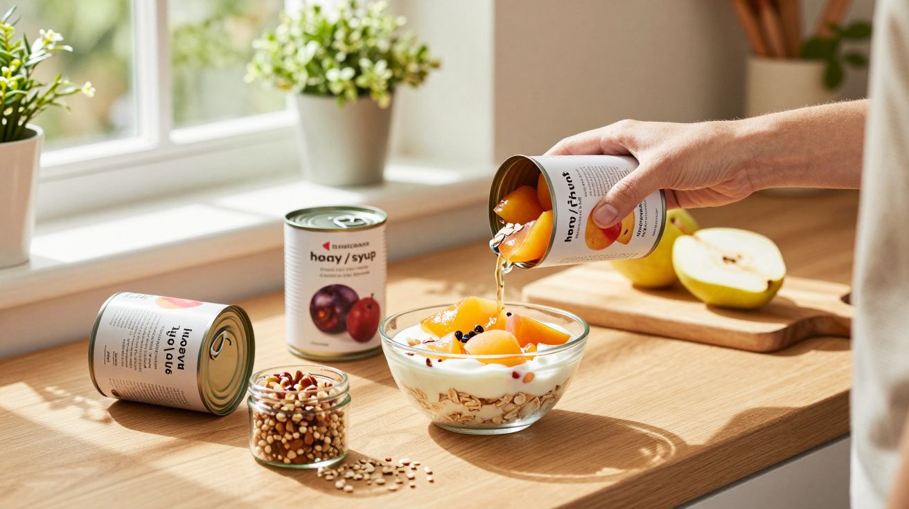 Mão a servir pêssegos em calda sobre iogurte com granola numa tigela de vidro numa cozinha iluminada.