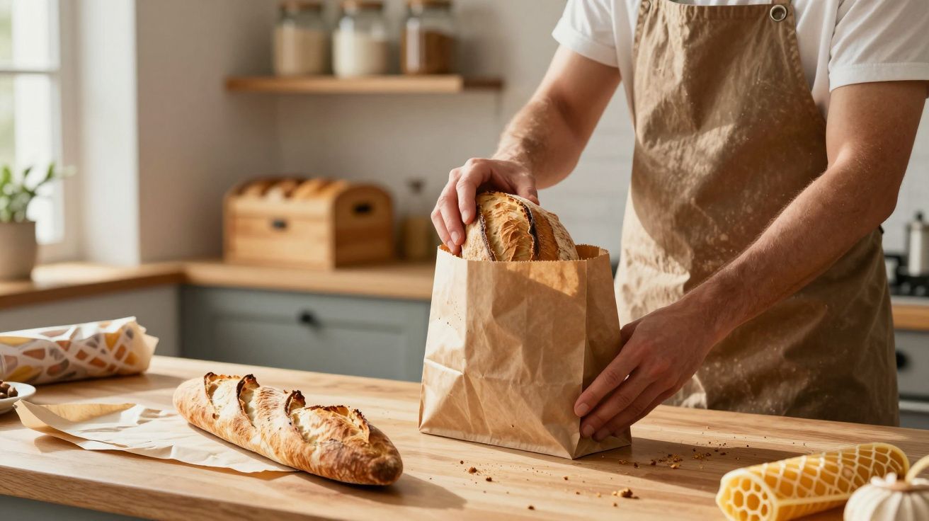 Pessoa a colocar pão fresco numa embalagem de papel numa cozinha, com outro pão sobre a bancada.