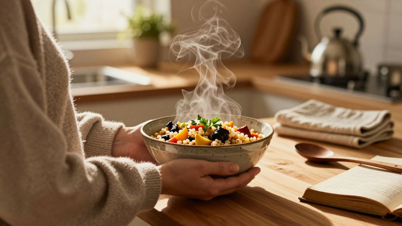 Pessoa a segurar uma tigela com comida quente e vapor a sair, numa cozinha iluminada e acolhedora.