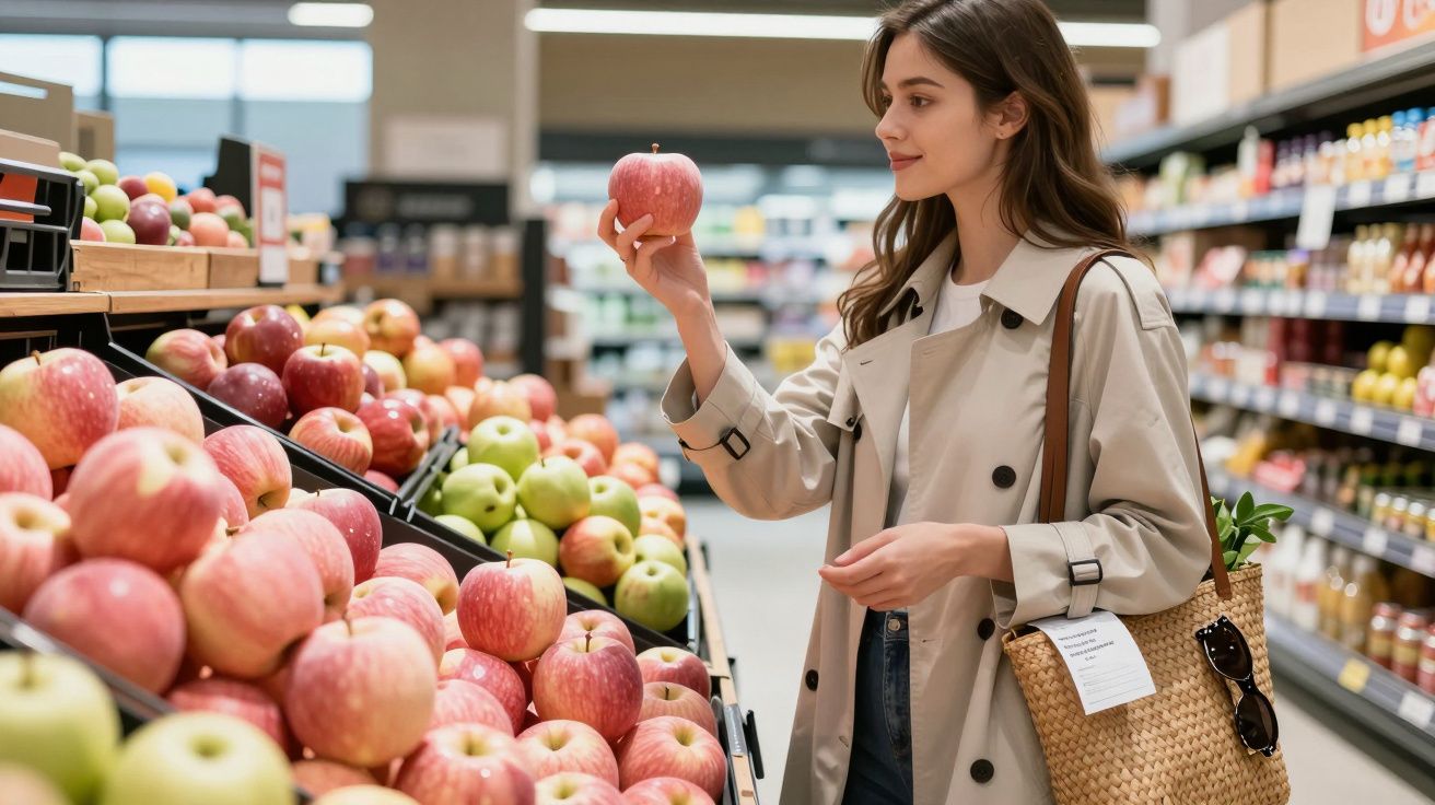 Mulher em casaco bege escolhe maçã numa secção de frutas num supermercado.