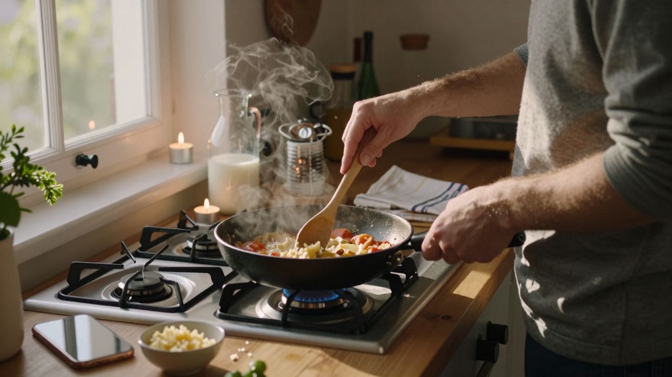 Pessoa a cozinhar numa frigideira com vegetais num fogão a gás numa cozinha iluminada pela luz natural.