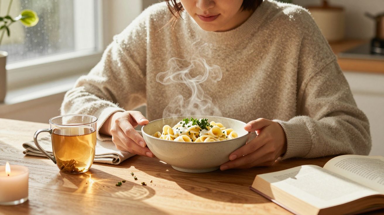 Pessoa a segurar uma taça de massa fumegante numa mesa com chá, vela acesa e livro aberto.
