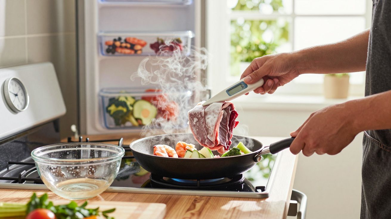 Pessoa a cozinhar carne e legumes numa frigideira, usando termómetro de comida, em cozinha luminosa.