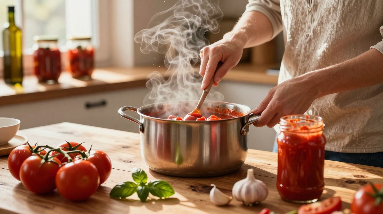 Pessoa a mexer molho de tomate a ferver numa panela na cozinha, com tomate e alho na bancada.