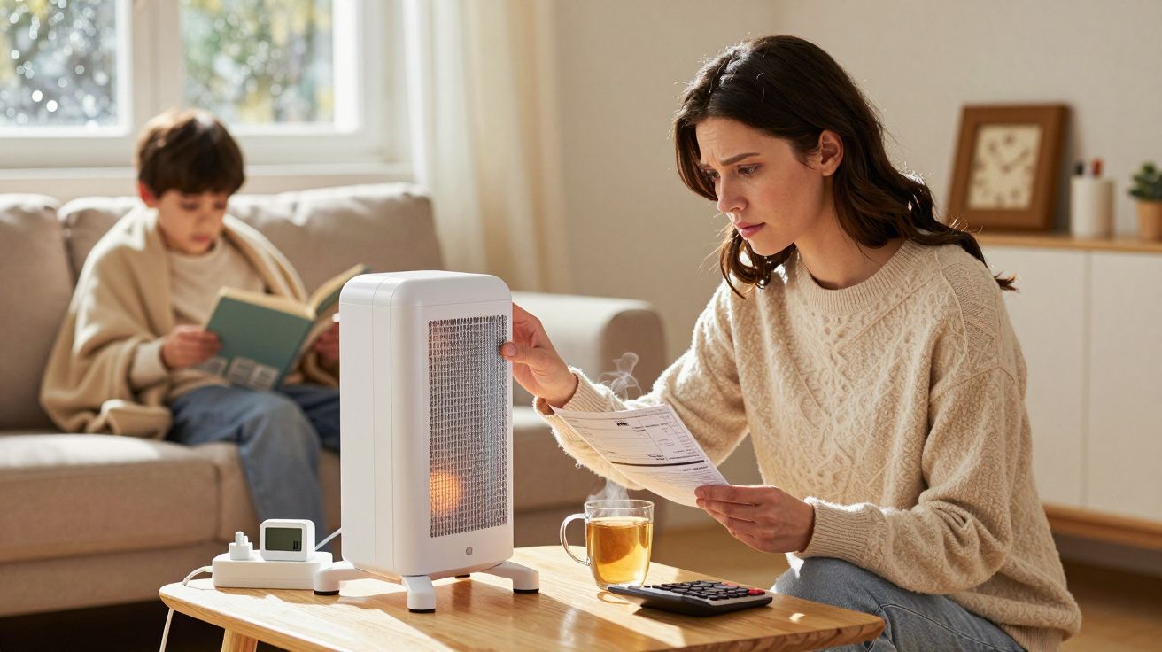 Mulher a ler fatura ao lado de aquecedor portátil numa sala, com criança a ler no sofá ao fundo.