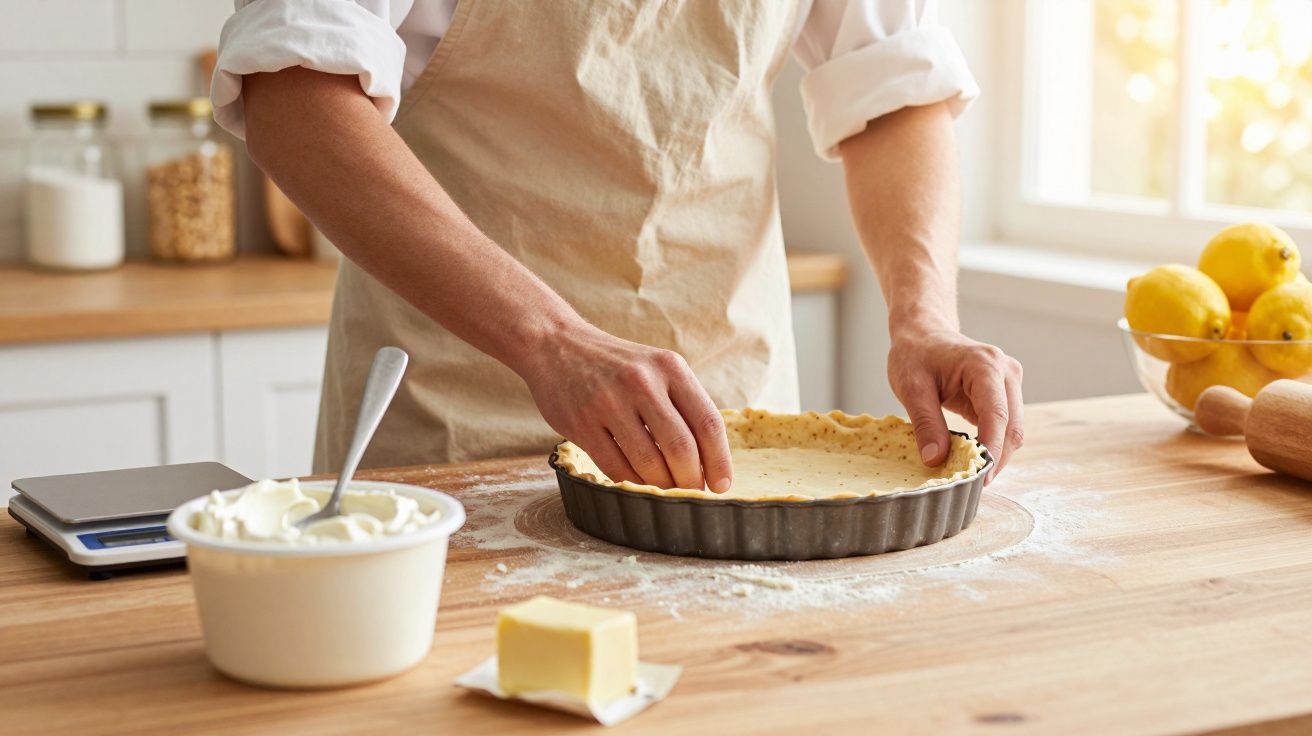 Pessoa a moldar massa numa forma para tarte numa cozinha com ingredientes e utensílios na bancada.