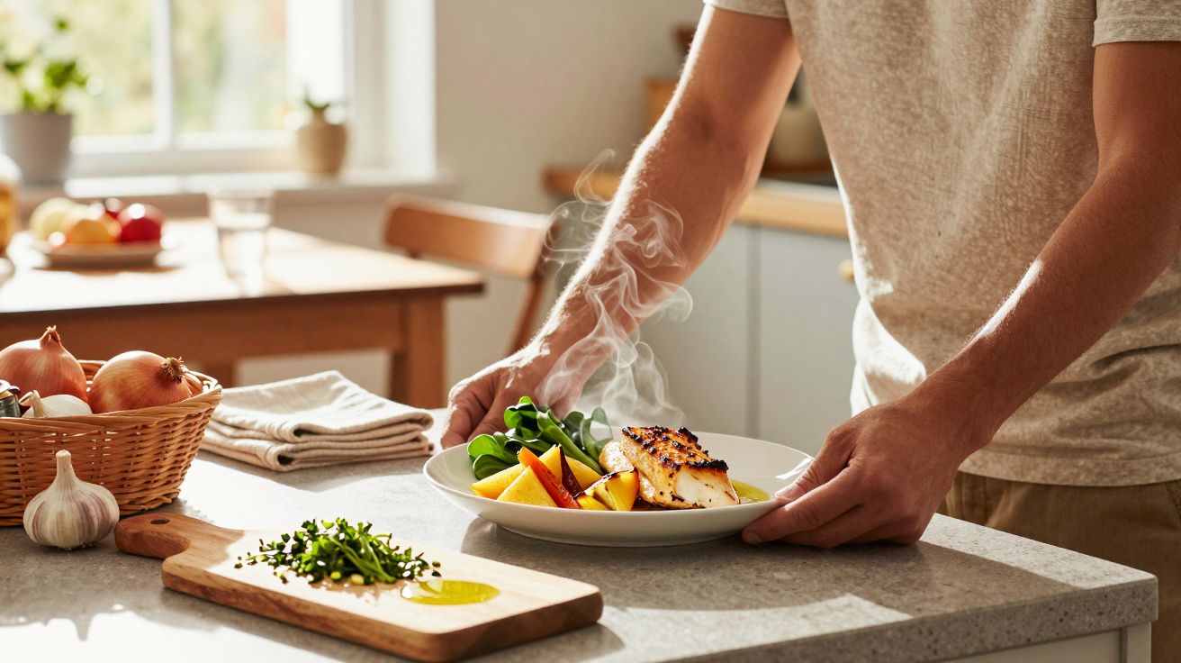 Pessoa a servir prato fumegante com peixe grelhado e legumes numa cozinha iluminada.
